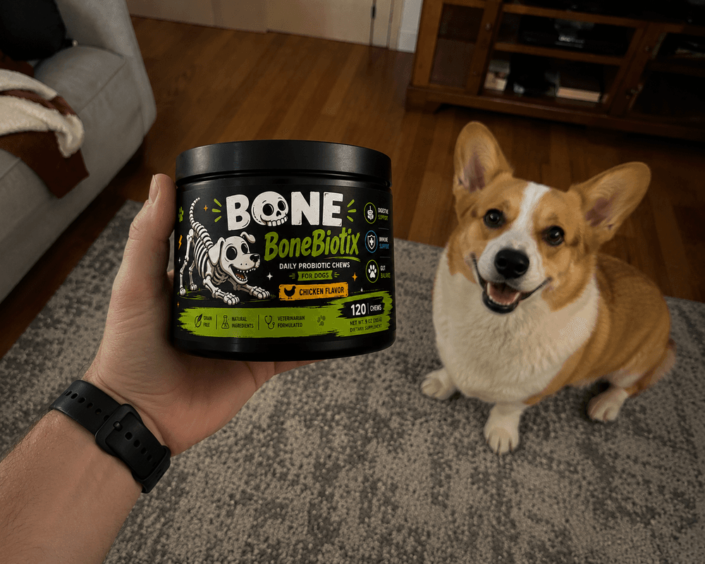 Corgi excited for BoneBiotix
